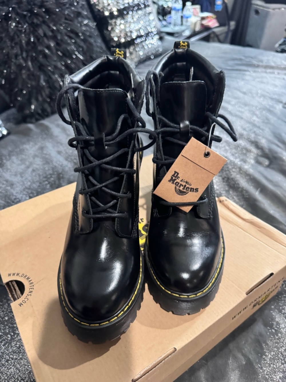 Dr. Martens Black Leather Lace-Up Platform Ankle Boots with Yellow Stitching - Picture 6 of 7